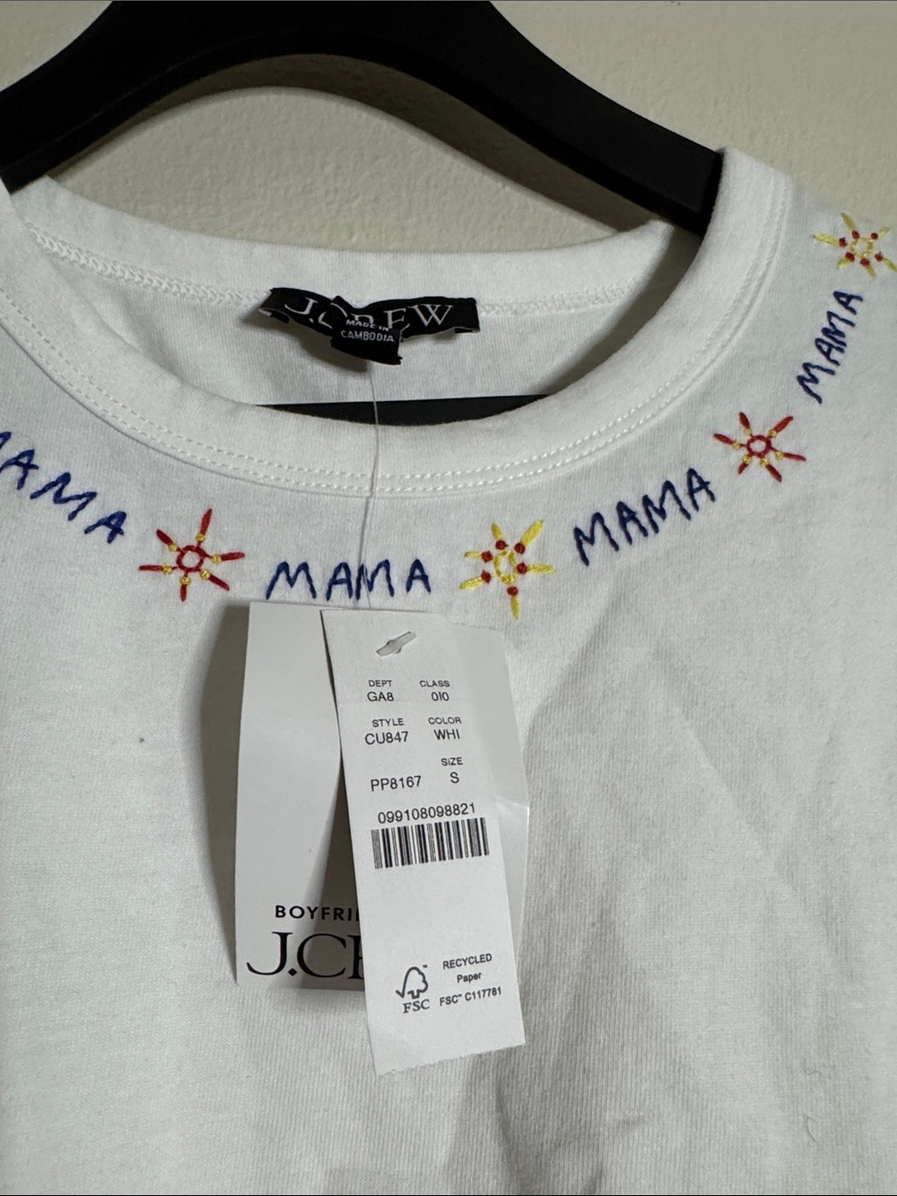 J. Crew White Tee with Multicolor “MAMA” Neck Embroidery - Picture 2 of 2